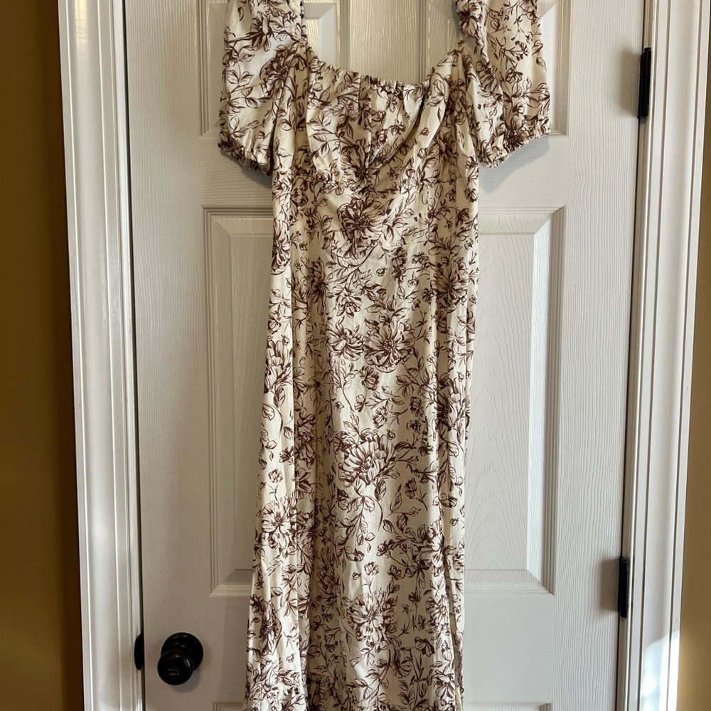 London Times Cream and Brown Floral Dress with square neckline.